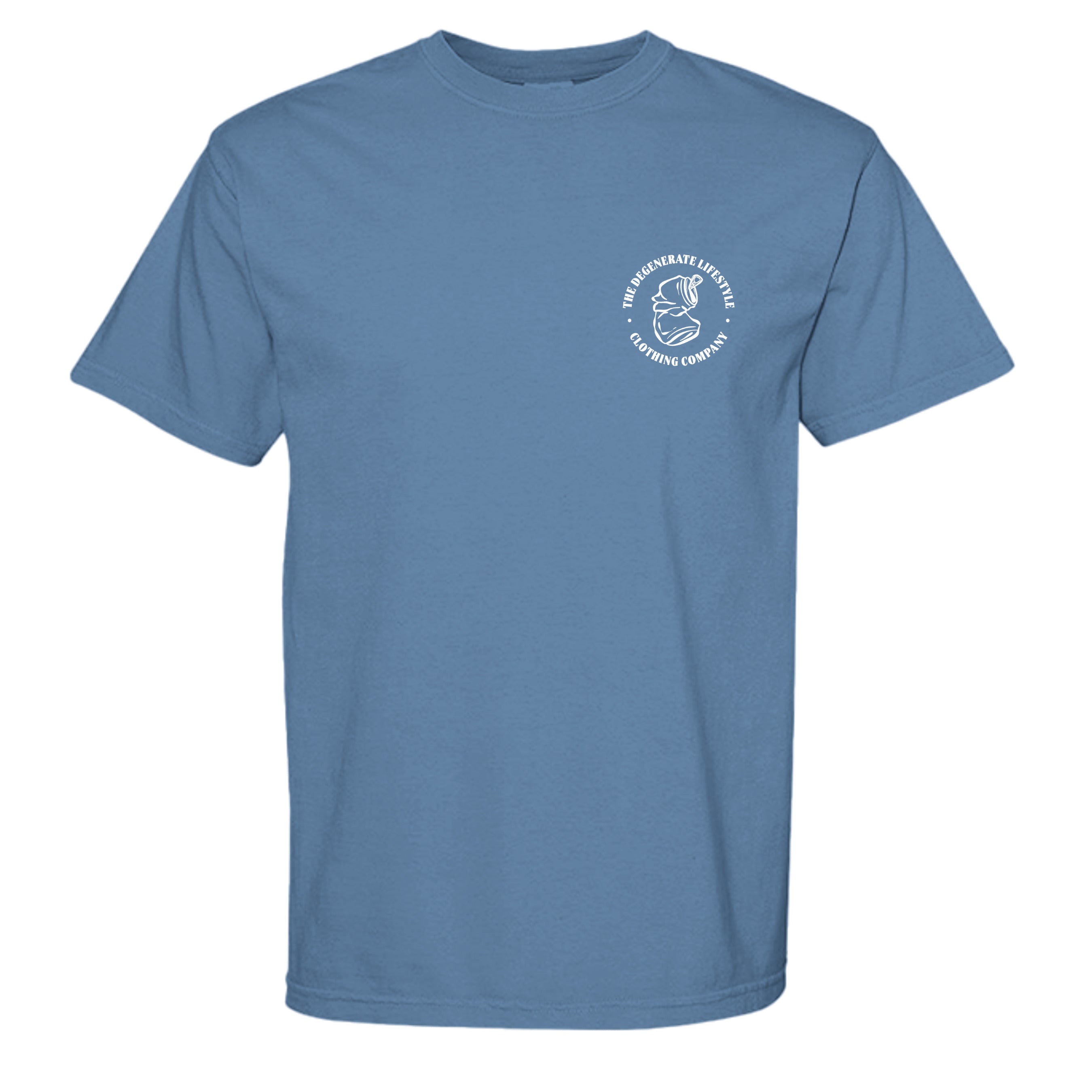 The 4 B's Comfort Colors graphic tee in washed denim, front view